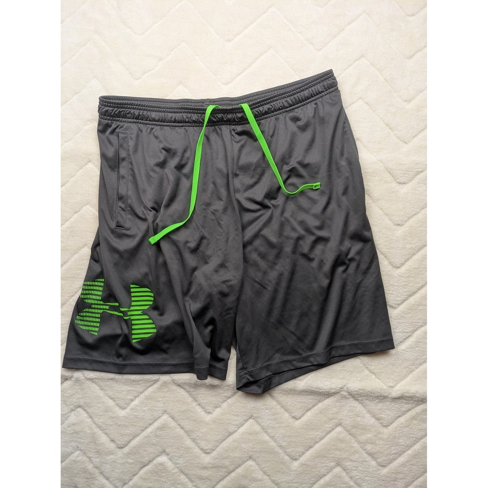 Under Armour Mens XL Gray Lime Green Logo Athletic Basketball Shorts Pockets